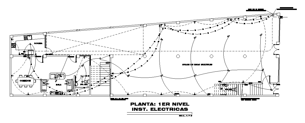 An electrical layout of the 34x10m second floor house plan is given in this AutoCAD drawing model.
