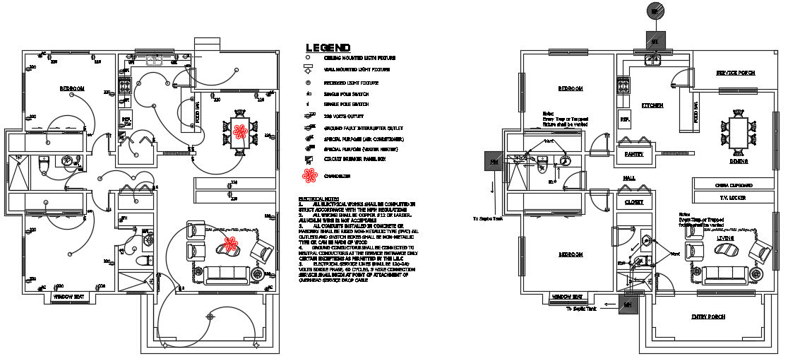 An electrical layout of the 42’x45’ 2bhk house plan