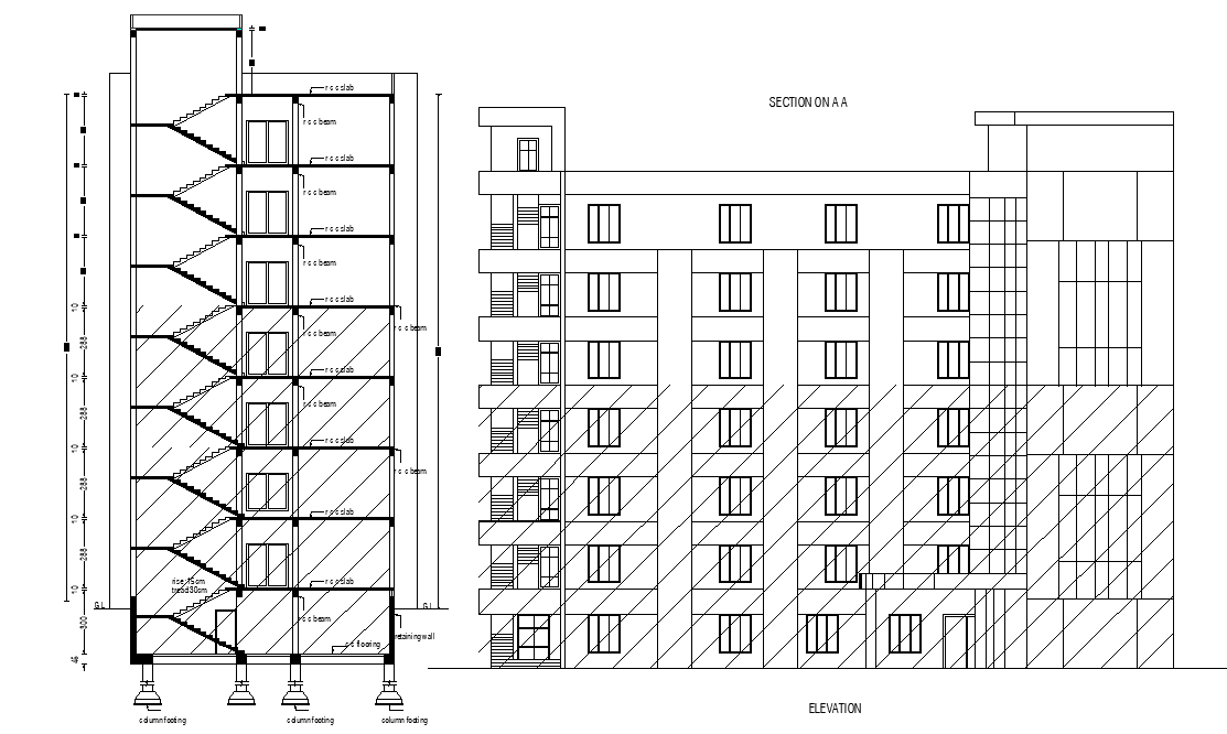 An elevation and section detail of the hospital building is given in this 2D Autocad DWG drawing file.
