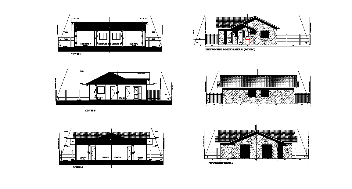 An elevation and section of the two house plan is given in this 2D Autocad DWG drawing file. Download the Autocad file.