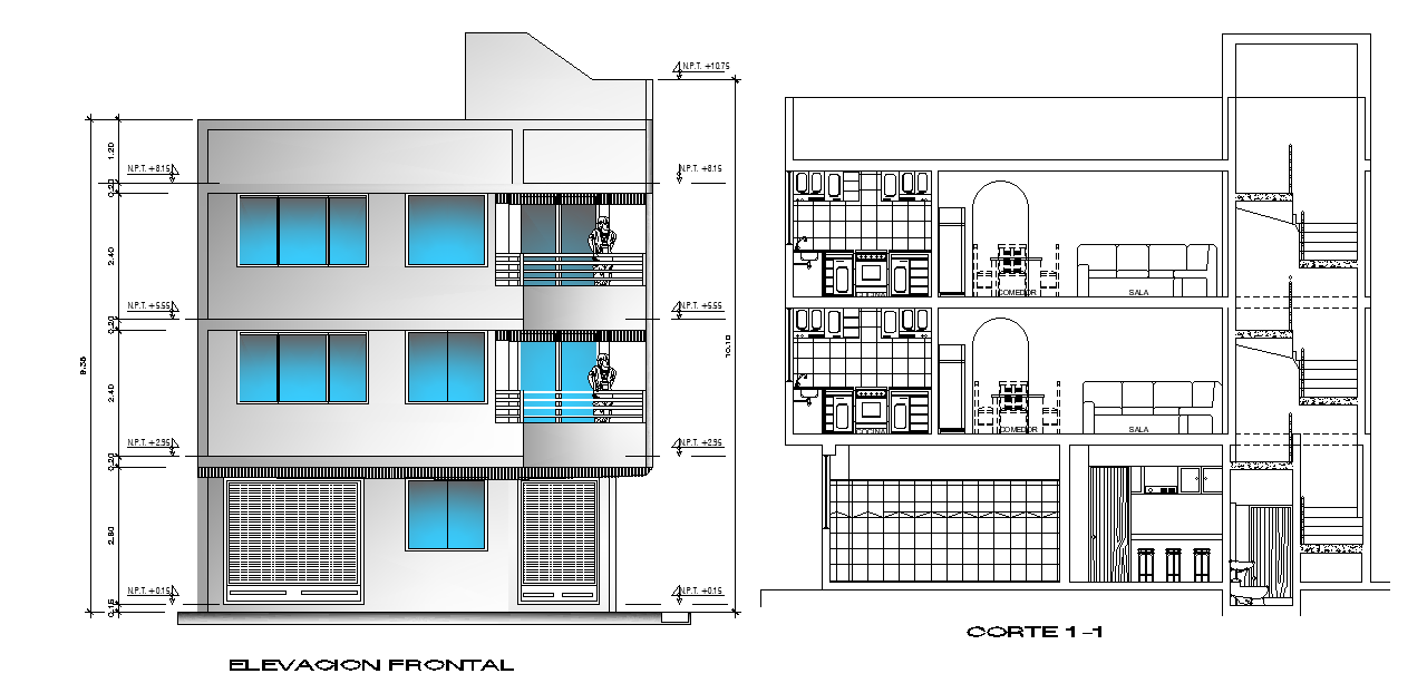 An elevation and section view of 10x8m house building is given in this Autocad drawing file.  Download now.