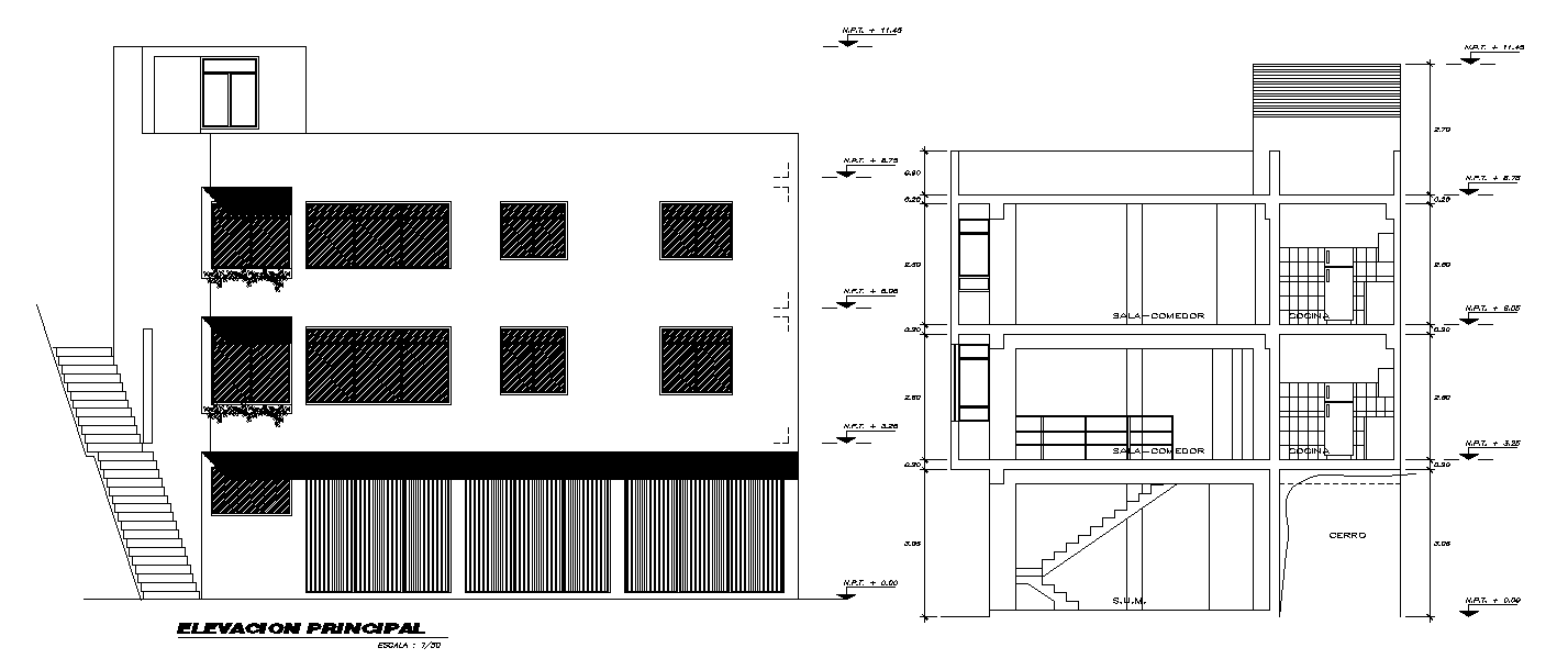 An elevation and section view of 13x10m house building is given in this Autocad drawing file.Download now.