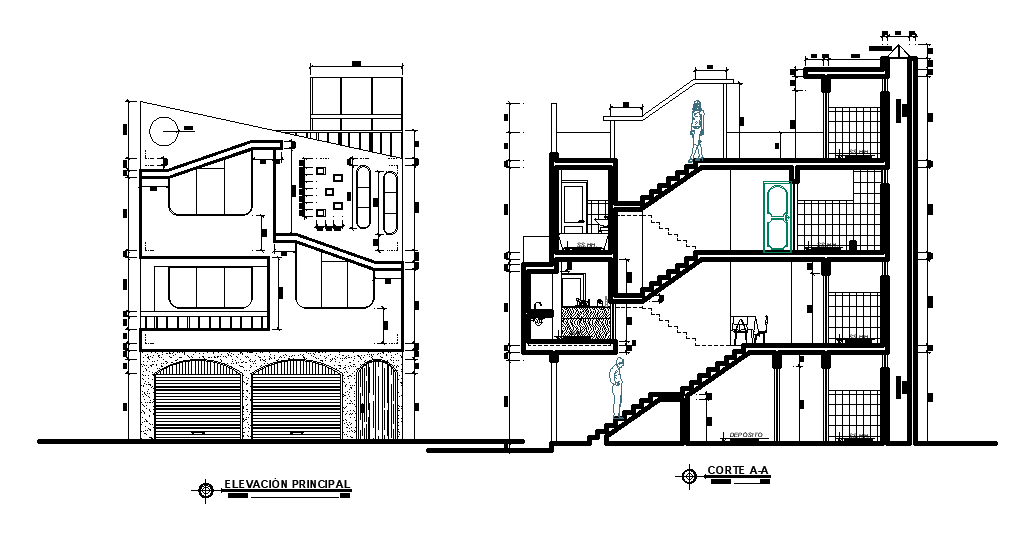 An elevation and section view of 7x12m house building is given in this Autocad drawing file. Download now.