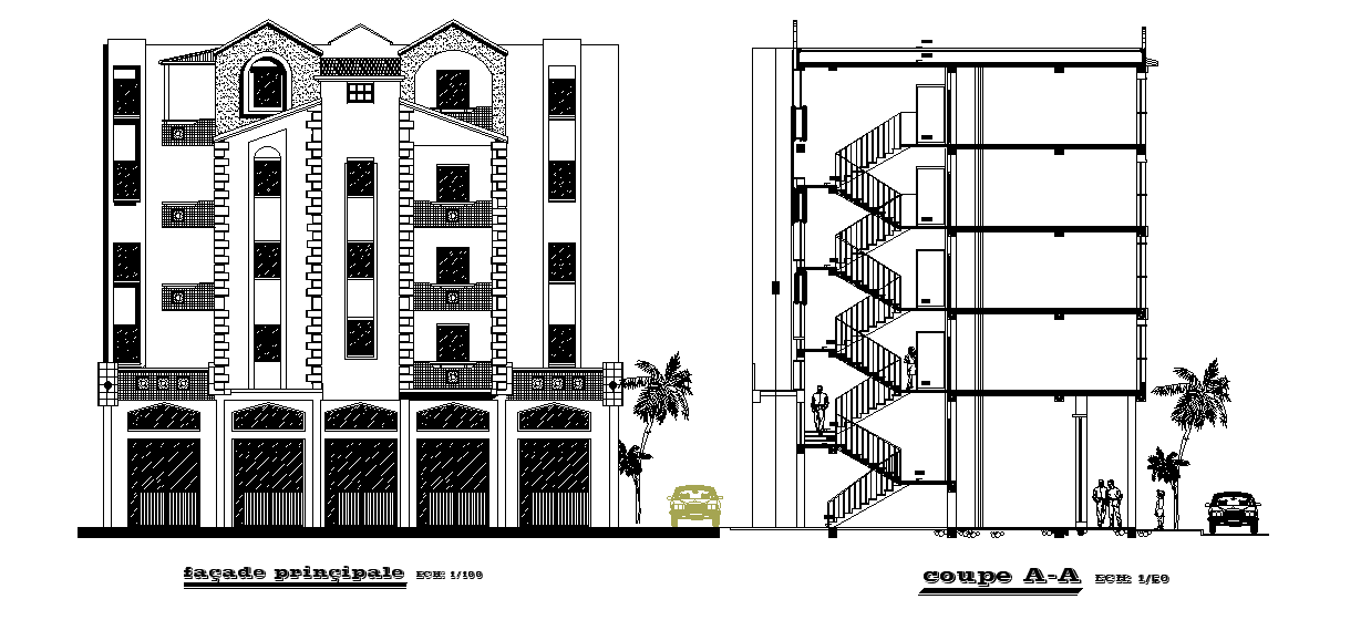 An elevation and section view of Twin house apartment building has been given in this Autocad drawing file.Download now.