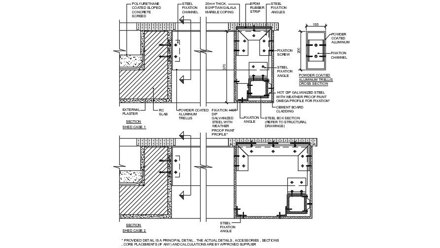 An elevation and section view of the steel fixation detail drawing