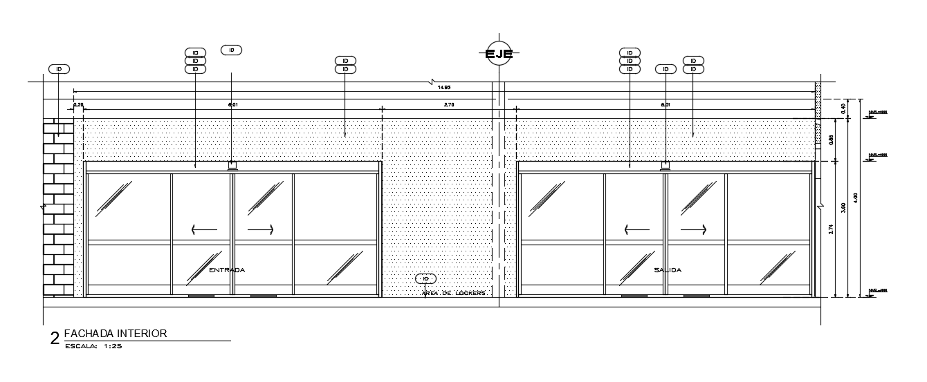 An elevation interior view of 112x62m super market building is given in this Autocad drawing file. Download now.