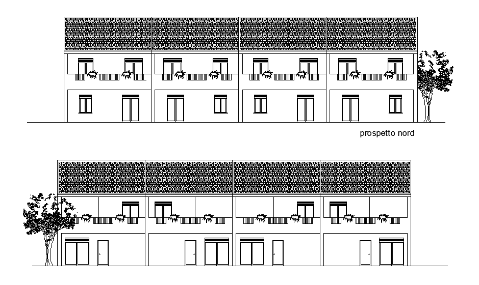 An elevation of 7x12m terraced house plan is given in this Autocad drawing file. Download now.