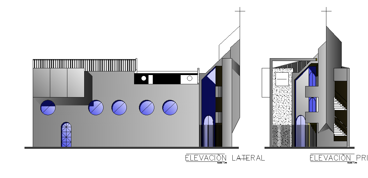 An elevation of the G+1 building is given in this Autocad drawing file. Download the Autocad file.