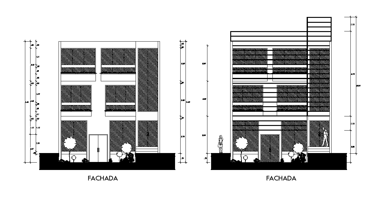 An elevation of the rest bar hotel is given in this 2D Autocad DWG drawing file. Download the Autocad drawing file.