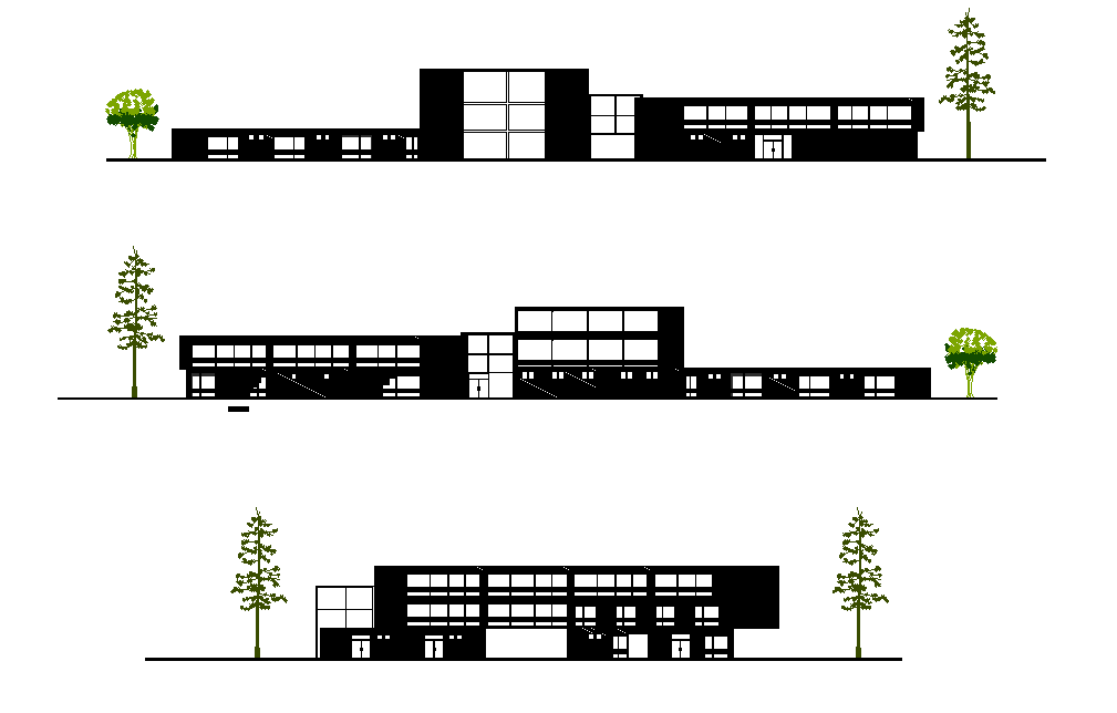 An elevation view of 120x80m multispecialty hospital plan has been given in this Autocad drawing file. Download now.