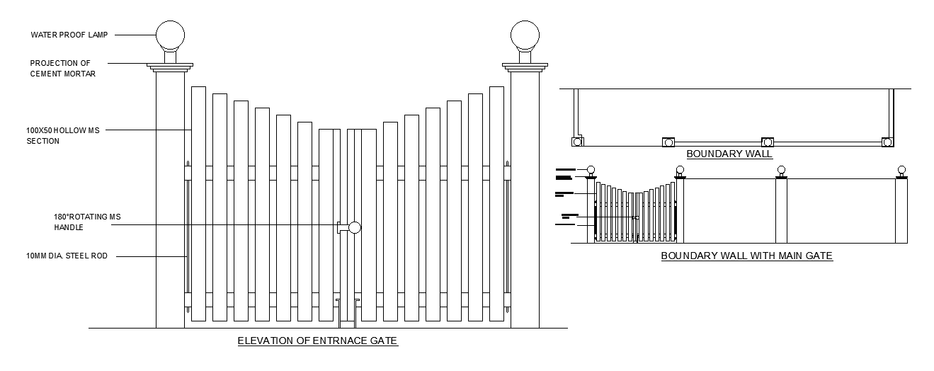 An elevation view of 12x8m house plan of boundary wall detail drawing is given in this AutoCAD model.Download now.