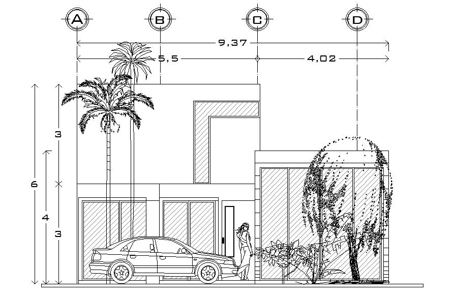 An elevation view of 13x9m house building is given in this Autocad drawing file. Download now.