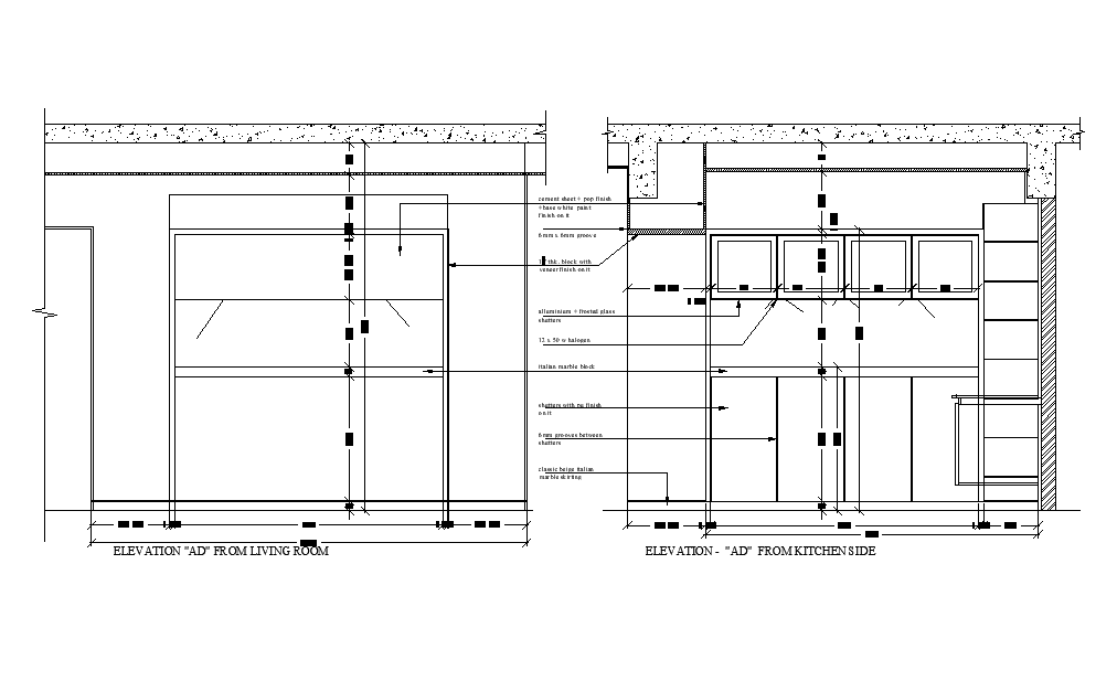 An elevation view of 15’x7’ kitchen is given in this AutoCAD drawing file.Download now.