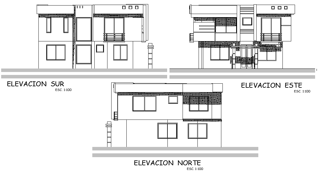 An elevation view of 17x15m house building is given in this Autocad drawing file. Download now.