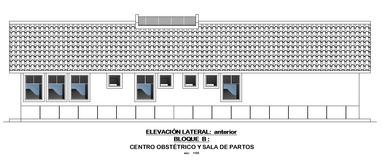 An elevation view of 18x11m hospital obstetric center building is given in this AutoCAD drawing model.Download now.