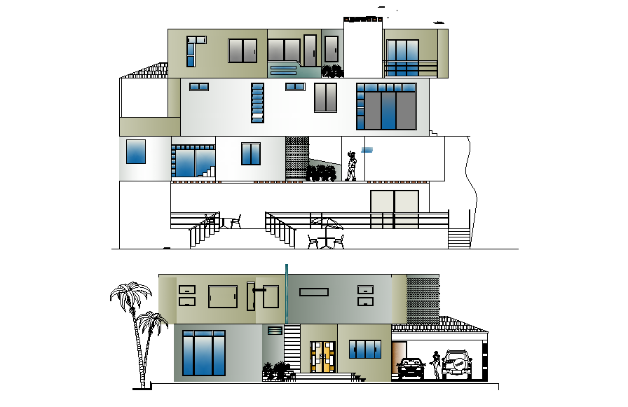 An elevation view of 19x19m residential building plan is given in this Autocad drawing file. Download the Autocad file.