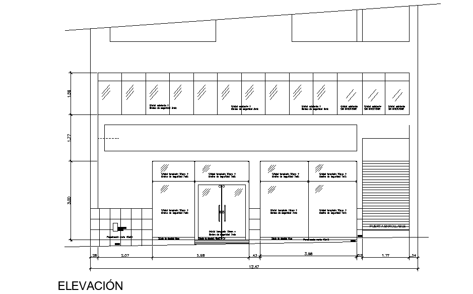 An elevation view of 21x12m office building is given in this Autocad drawing file.Download now.