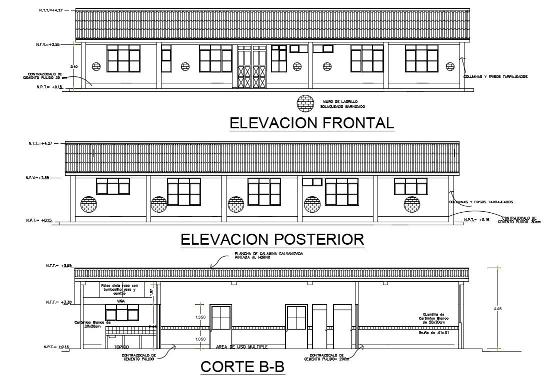 An elevation view of 21x8m office building is given in this Autocad drawing file. Download now.