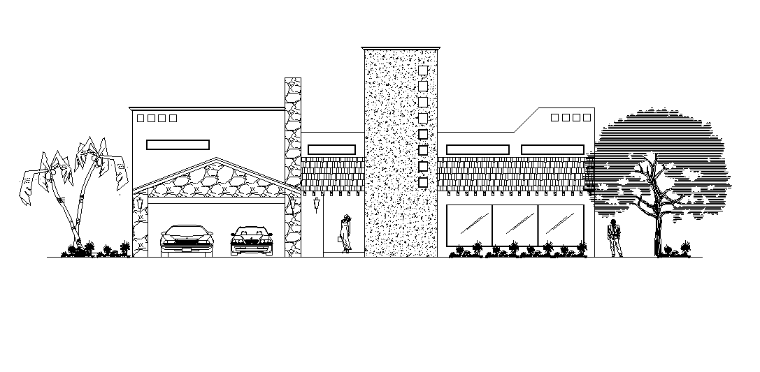 An elevation view of 33mx28m house building is given in this Autocad drawing file. Download now.