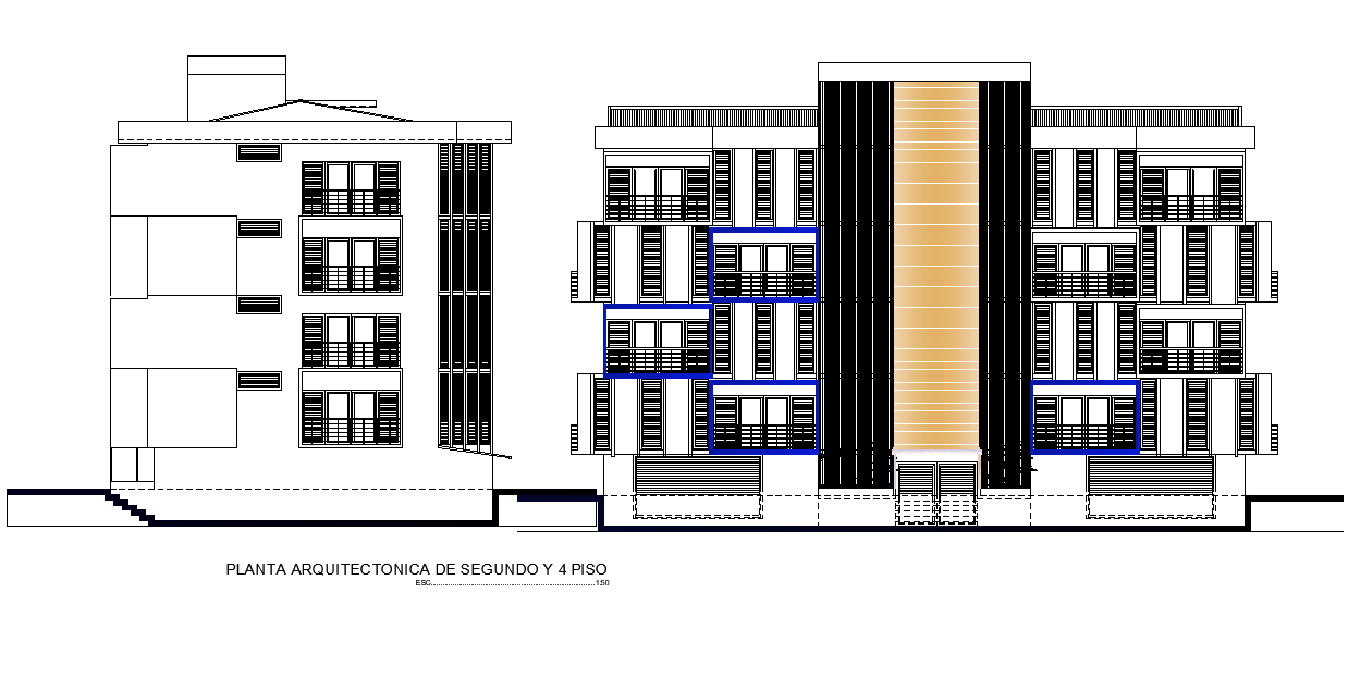 An elevation view of 3Bhk house of apartment plan is given in this Autocad drawing file. Download now.
