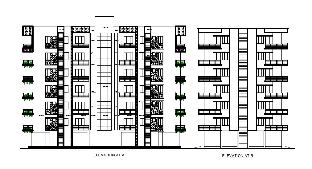 An elevation view of 51’x103’ house plan is given in this Autocad drawing file. Download now.