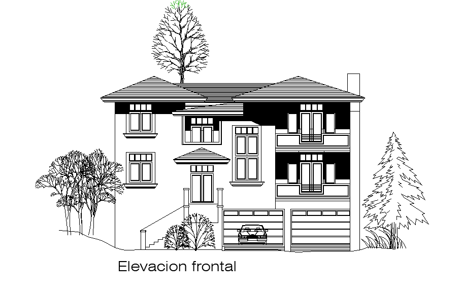 An elevation view of 5bhk house plan is given in this Autocad drawing file. Download now.