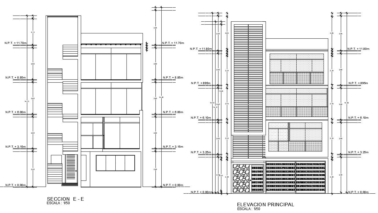 An elevation view of 8x21m house building is given in this 2D AutoCAD file. Download the Autocad model.