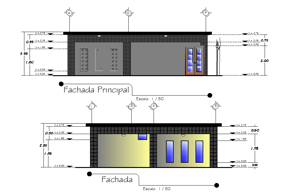 An elevation view of 9x8m office building view is given in this Autocad drawing file. Download the Autocad model.