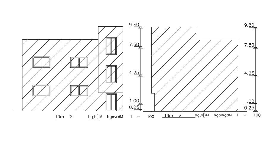 An elevation view of the 10x10m residential house building AutoCAD drawing