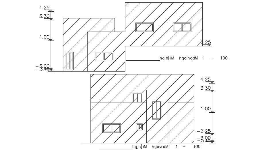 An elevation view of the 10x12m house building AutoCAD drawing
