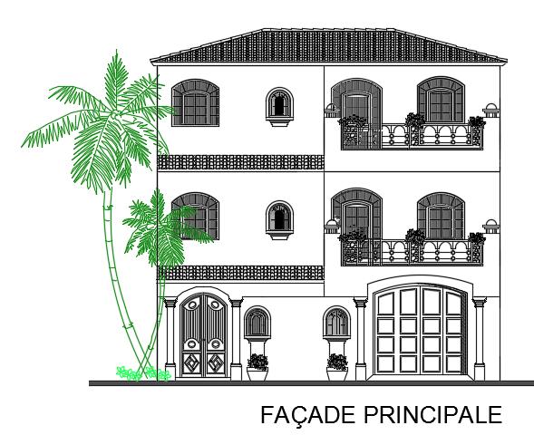 An elevation view of the 10x14m three story family house building