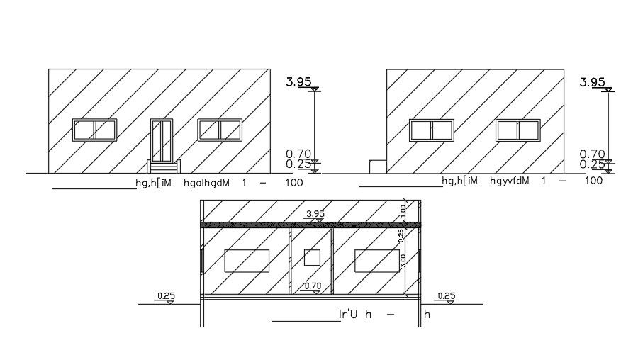 An elevation view of the 10x8m residential house building AutoCAD