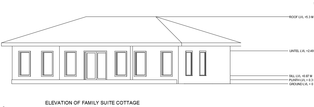 An elevation view of the 10x9m floor plan of family suite cottage building cad drawing