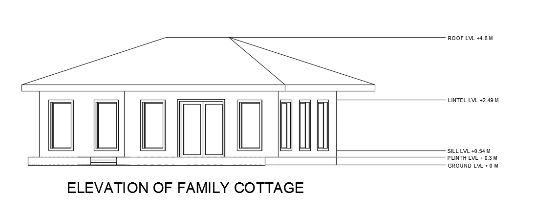 An elevation view of the 10x9m ground floor plan of family cottage building cad drawing 