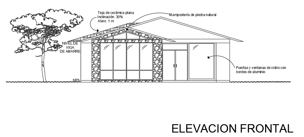 An elevation view of the 11x11m 1bhk house building AutoCAD drawing