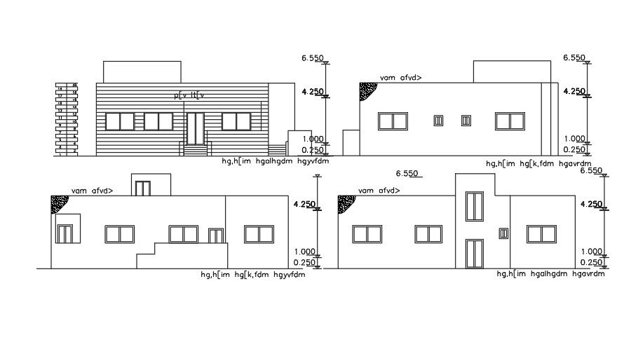 An elevation view of the 12x16m house building AutoCAD drawing