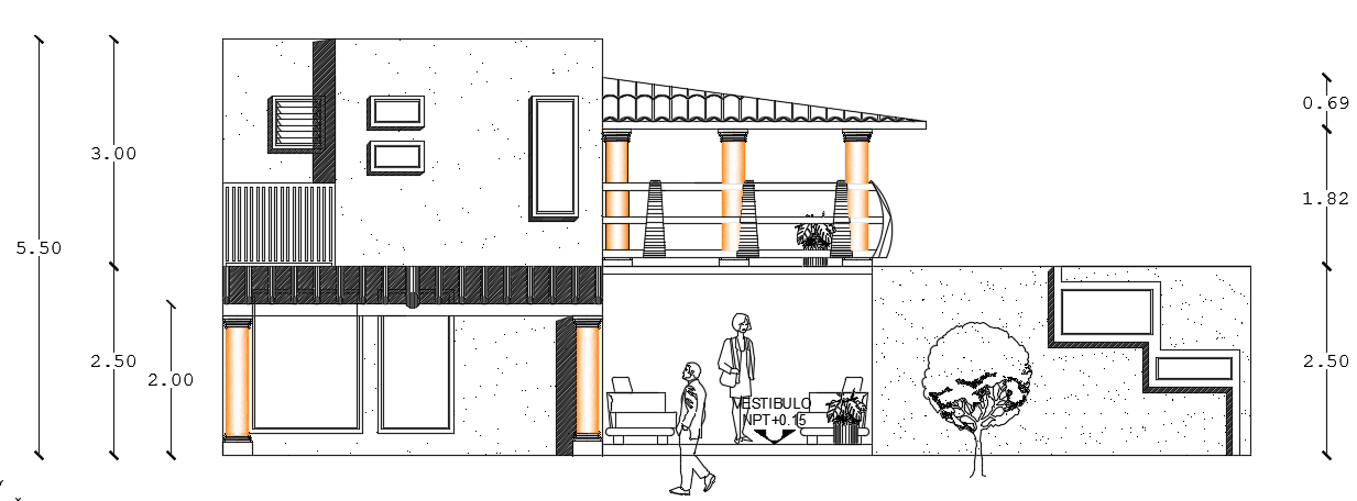 An elevation view of the 13x6m house building AutoCAD drawing