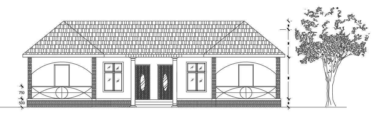 An elevation view of the 15x10m cottage building AutoCAD 2D DWG drawing