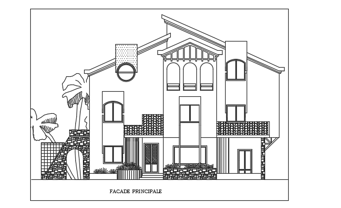 An elevation view of the 15x15m architecture 4bhk house building drawing