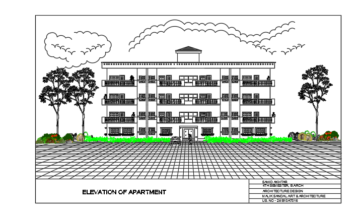 An elevation view of the 27x20m apartment house building 2d AutoCAD drawing