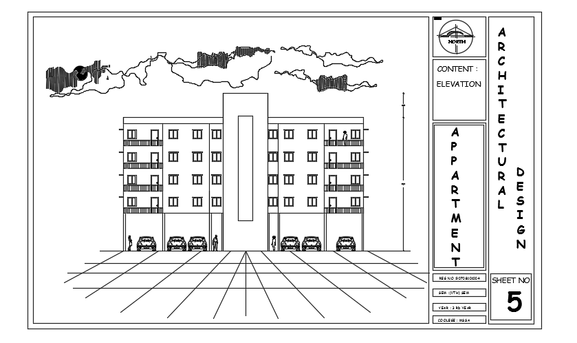 An elevation view of the 31x32m apartment house building cad drawing