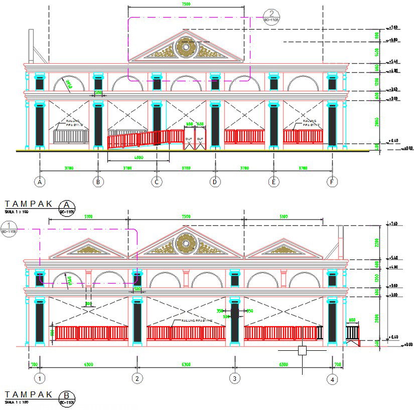 An elevation view of the 42x40m theme park bumper car building AutoCAD drawing