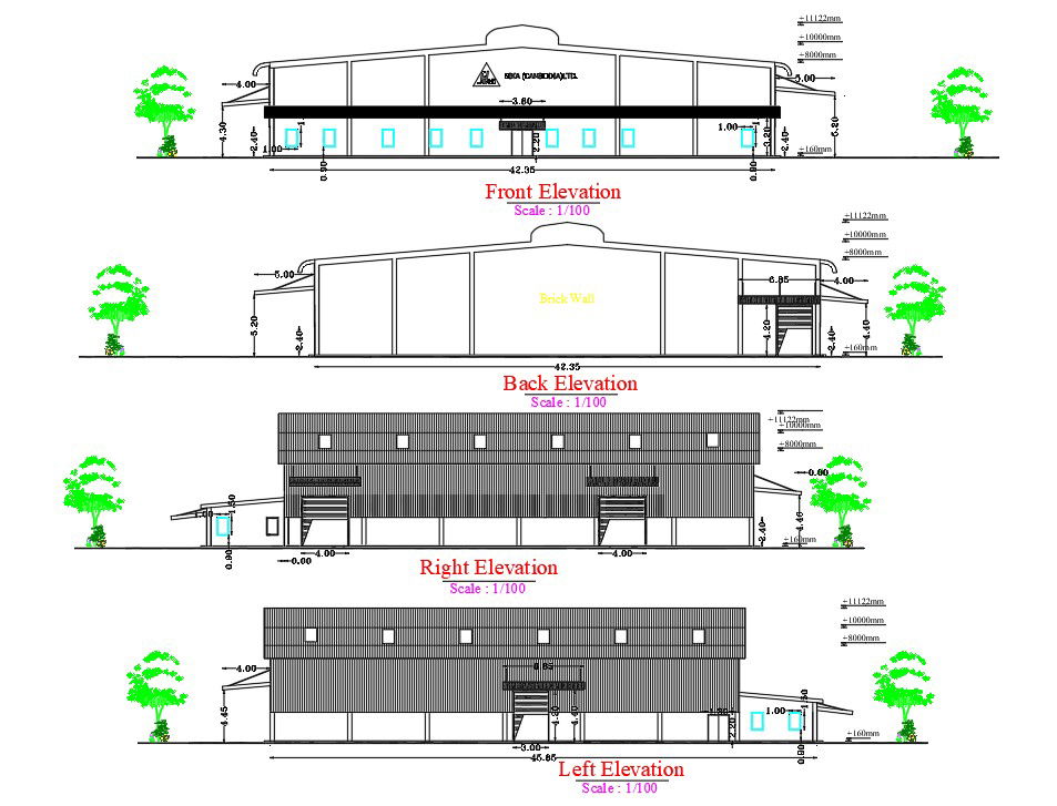 An elevation view of the 42x45m ground floor warehouse building