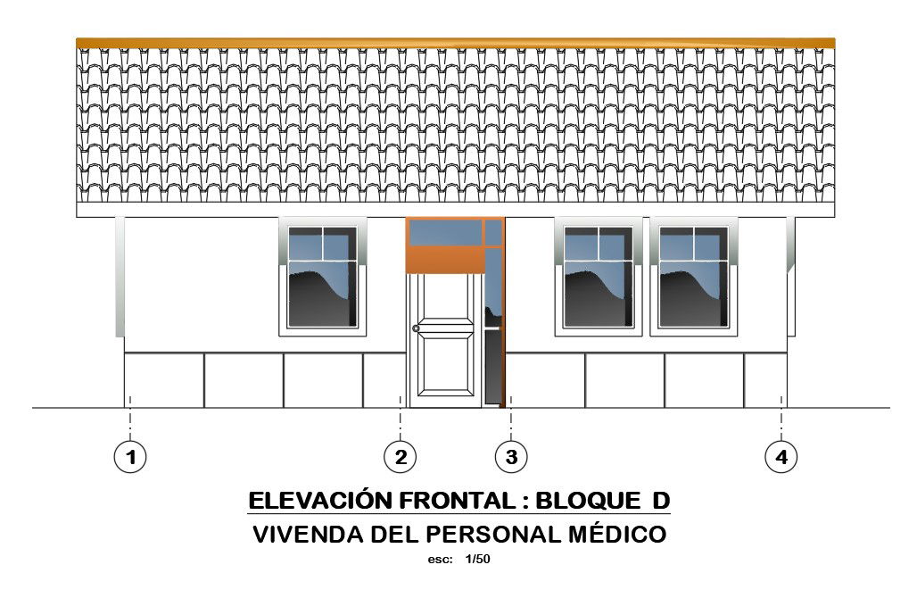 An elevation view of the 8x7m hospital guest house is given in this AutoCAD drawing model. Download now.