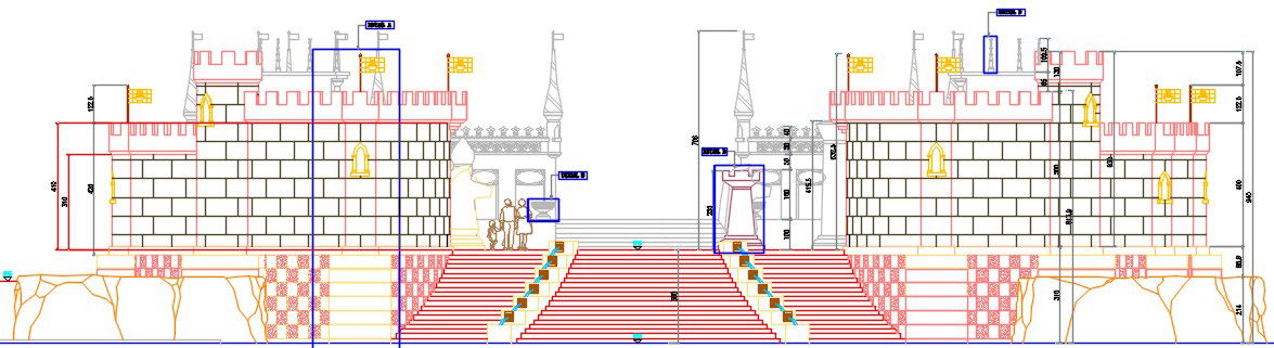 An elevation view of the chess game stadium building