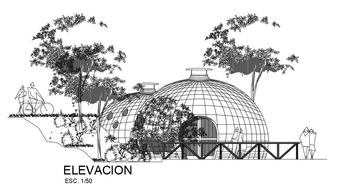 An elevation view of the circular guest house building is given in this AutoCAD drawing model. Download now.