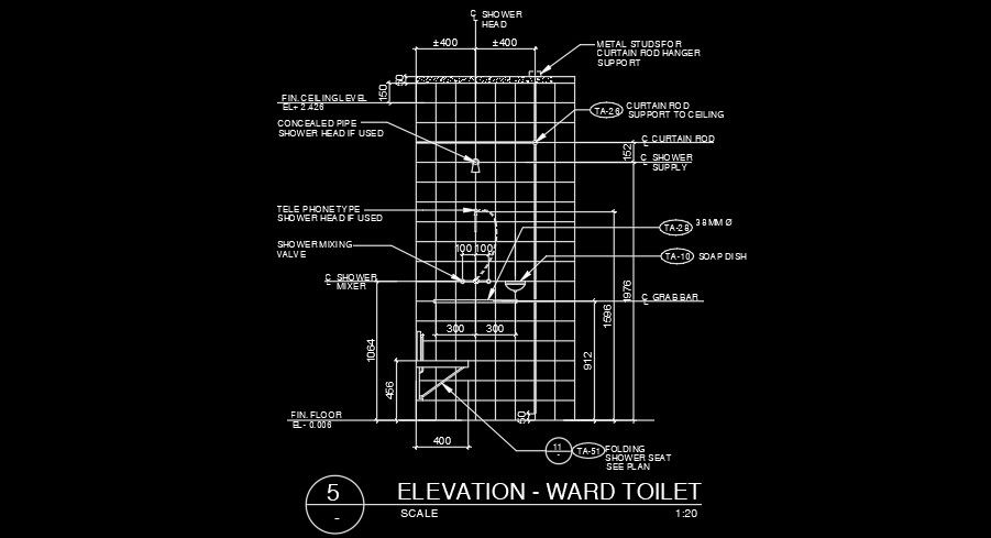 An elevation view of the ward toilet AutoCAD drawing