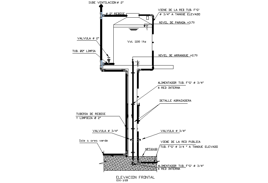 An elevation view of water tank is given in this Autocad drawing file.Download now.