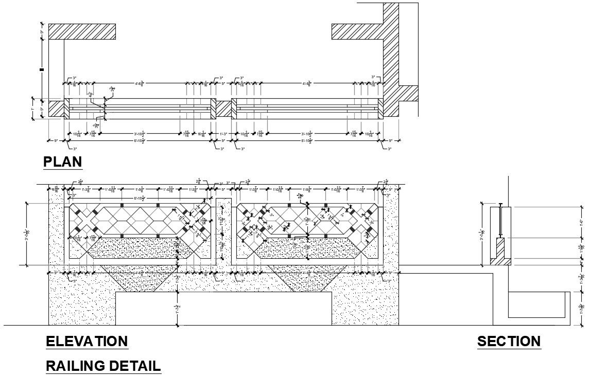 An enlarged drawing of railing detail elevation provided in this AutoCAD file.. Download the Autocad file.