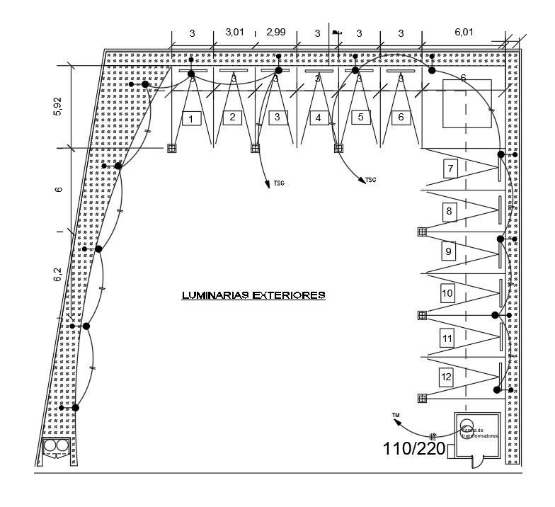 An exterior light fitting detail of the 12x11m first floor office plan is given in this AutoCAD model. Download now.